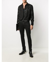 schwarzes besticktes Wolllangarmhemd von Saint Laurent