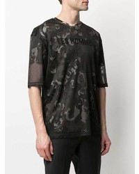 schwarzes Camouflage T-Shirt mit einem Rundhalsausschnitt aus Netzstoff von Les Hommes