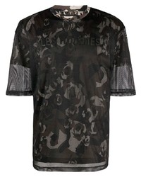 schwarzes Camouflage T-Shirt mit einem Rundhalsausschnitt aus Netzstoff von Les Hommes