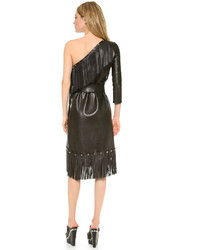 schwarzes gerade geschnittenes Kleid aus Leder mit Fransen von Jean Paul Gaultier