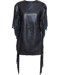 schwarzes gerade geschnittenes Kleid aus Leder mit Fransen von Saint Laurent