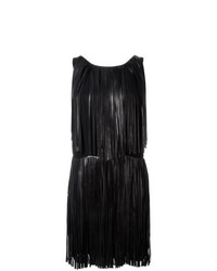 schwarzes gerade geschnittenes Kleid aus Leder mit Fransen von Sonia Rykiel