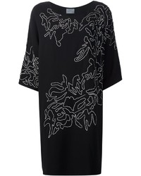 schwarzes gerade geschnittenes Kleid aus Seide mit Blumenmuster