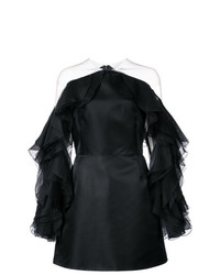 schwarzes gerade geschnittenes Kleid mit Rüschen von Marchesa