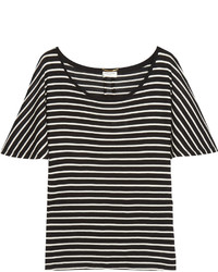 schwarzes horizontal gestreiftes Seide T-shirt von Saint Laurent