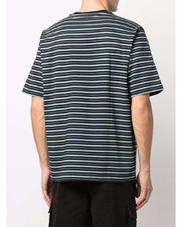 schwarzes horizontal gestreiftes T-Shirt mit einem Rundhalsausschnitt von Stussy