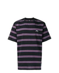 schwarzes horizontal gestreiftes T-Shirt mit einem Rundhalsausschnitt von Stussy
