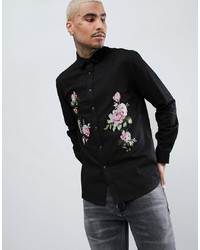 schwarzes Jeanshemd mit Blumenmuster