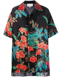 schwarzes Kurzarmhemd mit Blumenmuster von Gucci