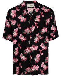 schwarzes Kurzarmhemd mit Blumenmuster von Gucci