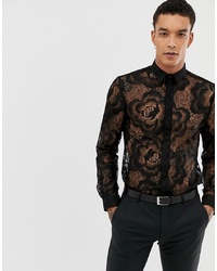 schwarzes Langarmhemd mit Blumenmuster von Twisted Tailor