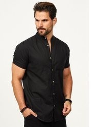 schwarzes Leinen Kurzarmhemd von behype