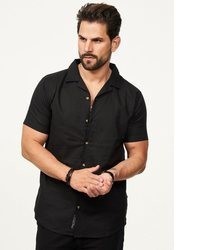 schwarzes Leinen Kurzarmhemd von behype