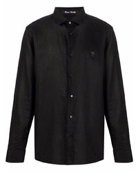 schwarzes Leinen Langarmhemd von Philipp Plein
