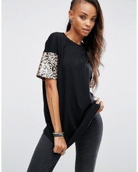 schwarzes Pailletten T-shirt mit Leopardenmuster