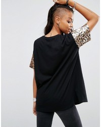 schwarzes Pailletten T-shirt mit Leopardenmuster von Asos