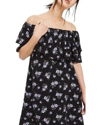 schwarzes schulterfreies Kleid mit Blumenmuster