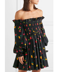 schwarzes schulterfreies Kleid mit Blumenmuster von Caroline Constas