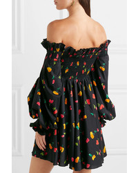 schwarzes schulterfreies Kleid mit Blumenmuster von Caroline Constas