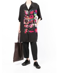 schwarzes Seide Kurzarmhemd mit Blumenmuster von Yohji Yamamoto