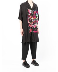 schwarzes Seide Kurzarmhemd mit Blumenmuster von Yohji Yamamoto