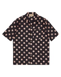 schwarzes Seide Kurzarmhemd mit Sternenmuster von Gucci