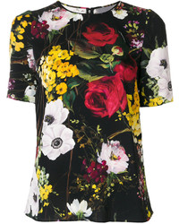 schwarzes Seide T-shirt mit Blumenmuster von Dolce & Gabbana