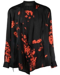 schwarzes Seidelangarmhemd mit Blumenmuster von Atu Body Couture