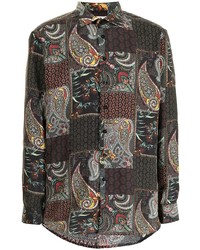 schwarzes Seidelangarmhemd mit Paisley-Muster