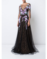 schwarzes Spitze Ballkleid mit Blumenmuster von Marchesa Notte