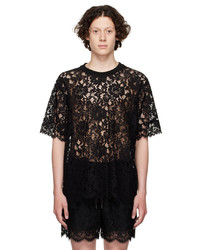 schwarzes Spitze T-Shirt mit einem Rundhalsausschnitt mit Blumenmuster von Dolce & Gabbana