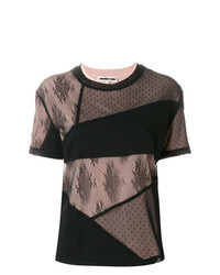 schwarzes Spitze T-Shirt mit einem Rundhalsausschnitt mit Flicken