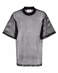 schwarzes T-Shirt mit einem Rundhalsausschnitt aus Netzstoff von Ami Paris