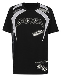 schwarzes T-Shirt mit einem Rundhalsausschnitt aus Netzstoff von Balmain