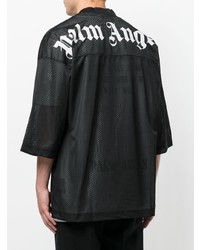 schwarzes T-Shirt mit einem Rundhalsausschnitt aus Netzstoff von Palm Angels