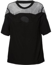 schwarzes T-Shirt mit einem Rundhalsausschnitt aus Netzstoff