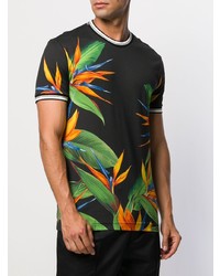 schwarzes T-Shirt mit einem Rundhalsausschnitt mit Blumenmuster von Dolce & Gabbana