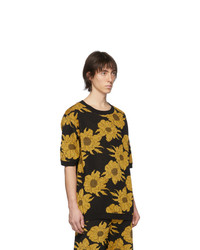 schwarzes T-Shirt mit einem Rundhalsausschnitt mit Blumenmuster von Dries Van Noten