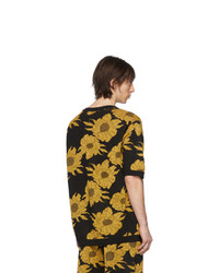 schwarzes T-Shirt mit einem Rundhalsausschnitt mit Blumenmuster von Dries Van Noten