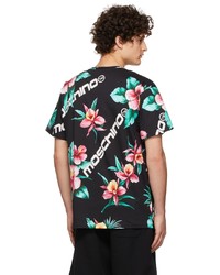 schwarzes T-Shirt mit einem Rundhalsausschnitt mit Blumenmuster von Moschino