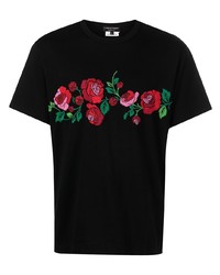 schwarzes T-Shirt mit einem Rundhalsausschnitt mit Blumenmuster von Comme Des Garcons Homme Plus