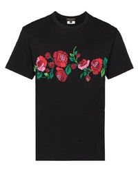schwarzes T-Shirt mit einem Rundhalsausschnitt mit Blumenmuster von Comme Des Garcons Homme Plus