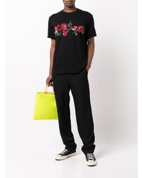 schwarzes T-Shirt mit einem Rundhalsausschnitt mit Blumenmuster von Comme Des Garcons Homme Plus