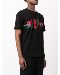 schwarzes T-Shirt mit einem Rundhalsausschnitt mit Blumenmuster von Comme Des Garcons Homme Plus