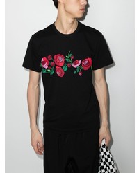 schwarzes T-Shirt mit einem Rundhalsausschnitt mit Blumenmuster von Comme Des Garcons Homme Plus