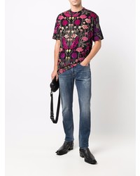 schwarzes T-Shirt mit einem Rundhalsausschnitt mit Blumenmuster von John Richmond