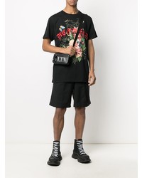 schwarzes T-Shirt mit einem Rundhalsausschnitt mit Blumenmuster von Alexander McQueen