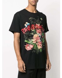 schwarzes T-Shirt mit einem Rundhalsausschnitt mit Blumenmuster von Alexander McQueen