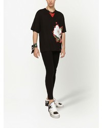 schwarzes T-Shirt mit einem Rundhalsausschnitt mit Blumenmuster von Dolce & Gabbana