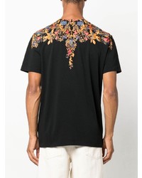 schwarzes T-Shirt mit einem Rundhalsausschnitt mit Blumenmuster von Marcelo Burlon County of Milan